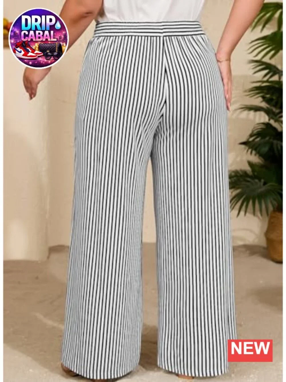 Plus Size Wide Leg Pants High Waist Striped Palazzo Lounge Trousers with Pockets